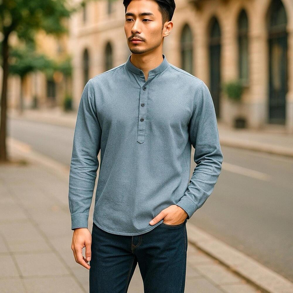 Khaadi Man Men’s Long Sleeve 1/4 Button Up Size Large Blue 100% Cotton